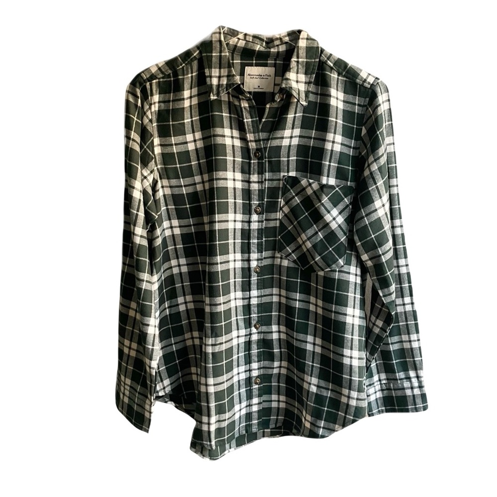 Abercrombie & Fitch Soft Green White Plaid Flannel Size M Button Down Shirt Top
